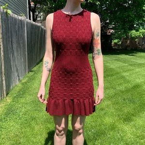 Wine red flouncy sleeveless sweater minidress